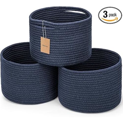 3 Pack Small Rope Storage Baskets, 9.82×9.82×7.1", Navy Blue | Cotton Basket for Gifts Empty, Cute Round Woven Basket, Decorative Shelf Basket Organizer, Organizing Basket for Shelves