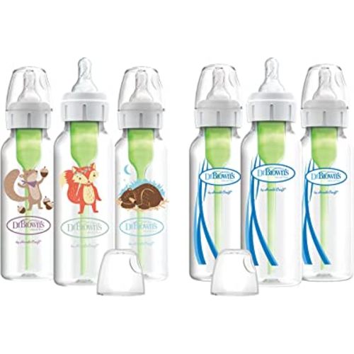 Dr. Brown’s Natural Flow® Anti-Colic Options+™ Narrow Baby Bottles 8 oz/250 mL, with Level 1 Slow Flow Nipple, 6 Pack, 0m+ Woodland Animals Gift Set