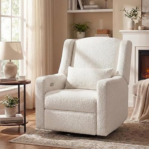Power Glider Recliner Nursery Chair w/USB Ports, Soft Boucle Glider Rocking Chair for Nursery, Swivel Glider Chair with Lumbar Pillow for Living Room, Cream