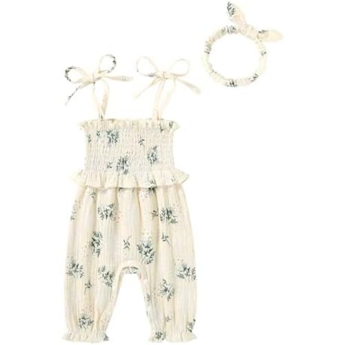 Summer Sleeveless Smocked Romper with Headband Toddler 6-12M