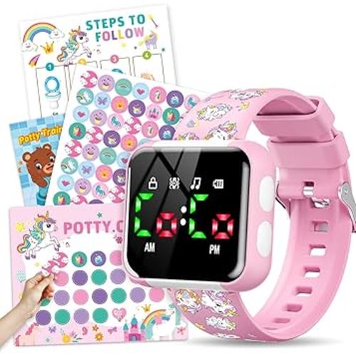 Potty Training Watch & Chart for Toddler Girls: Adjustable Volume Potty Watches for Kids Unicorn Potty Training Chart with Reward Stickers Toilet Training Tools Gifts for Girl (Pink)