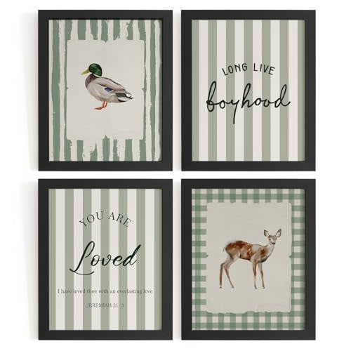 WXHUM 4Pcs Vintage Nursery Boys Kid Play Room Sage Green Wall Art Decor, Long Live Boyhood Retro Woodland Animals Posters for Kids Nursery Toddler Room Playroom, 8x10 inch Unframed