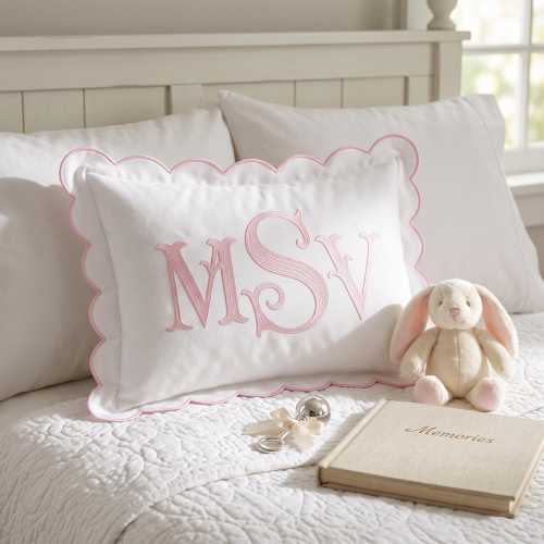 Personalized Embroidered Monogram Pillow Cover, Custom Name Nursery Pillow, Scalloped Nursery Pillow, Baby Shower Gift, Nursery Decor