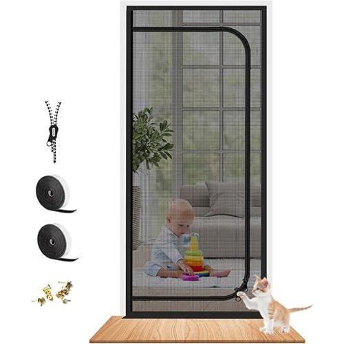 Upgraded Reinforced Pet Screen Door Thickened Cat Resistant Mesh Screen Door for Living Room, Bedroom, Patio, Dog Cat Scratch Proof Screen with Zipper Closure (Fits Door Size up to 32''x 80'', Black)