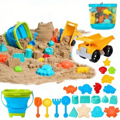 Joyfy 24 Pcs Beach Sand Toys Set, Collapsible Foldable Buckets with Dump Truck Car Toy Mesh Bag Sand Shovels Castle Animal Mold Sets for Kids