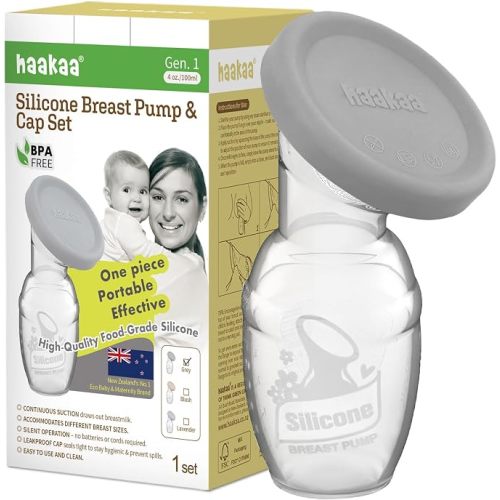 haakaa Manual Silicone Breast Pump with Cap (Grey) 4oz/100ml
