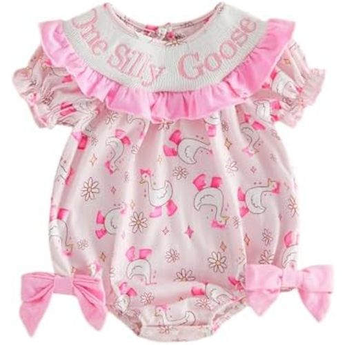 Baby Girl Summer Clothes One Silly Goose Smocked Bubble Romper Short Sleeve Onesie Newborn Infant Farm Goose Outfit