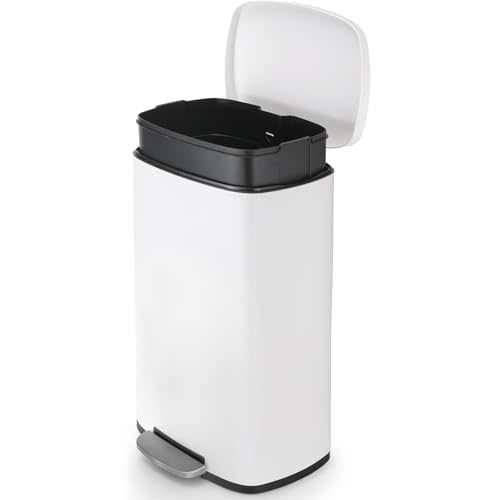 8 Gal Kitchen Trash Can, 30L Recycling or Garbage Bin, Brushed Stainless Steel Waste Basket, Soft&Quiet Close Dustbin, with Step-On Pedal, Removable Inner Bucket, for Home, Office, LIving Room
