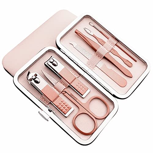 QURIPE 7pcs Manicure Set, Nail Clippers Kit, Stainless Steel Manicure Kit, Nail Clipping Tools Portable Travel Grooming Kit, The Best Gift with Luxurious Case(Rose Gold)