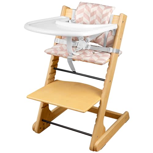 lulunemo Wooden High Chair with Tray–Adjustable & Convertible Highchair for Toddlers,Children&Adults–Includes Safety Harness–Waterproof–Natural Wood(Geometric Pink & White Cushion)