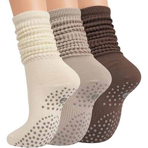Grip Pilates Socks for Women, Yoga Slouch Socks with Grip for Barre Workout Hospital Long Scrunch Slipper Socks