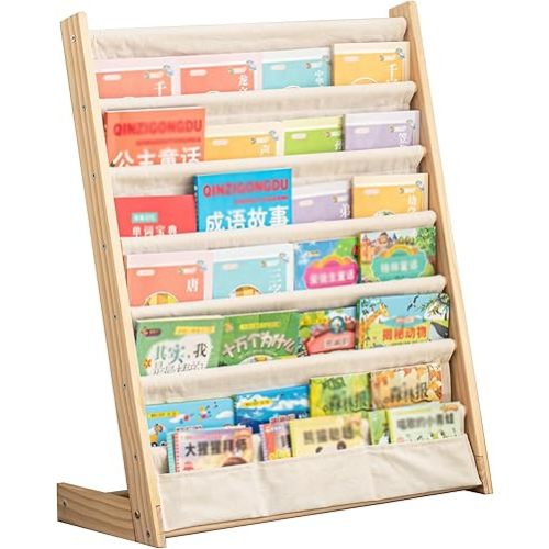 7 Tier Wooden Kids Bookshelf Book Holder Natural Wood Book Rack Storage Bookshelf for Kids Room Study Room Play Room Toy Storage Organizer (W: 24.6")