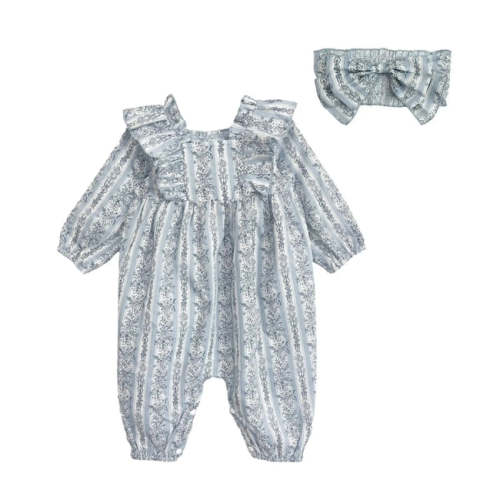 Baby Girl Striped Ruffle Romper & Headband Set in Blue | Mabel + Honey – Olive Sprout Kids