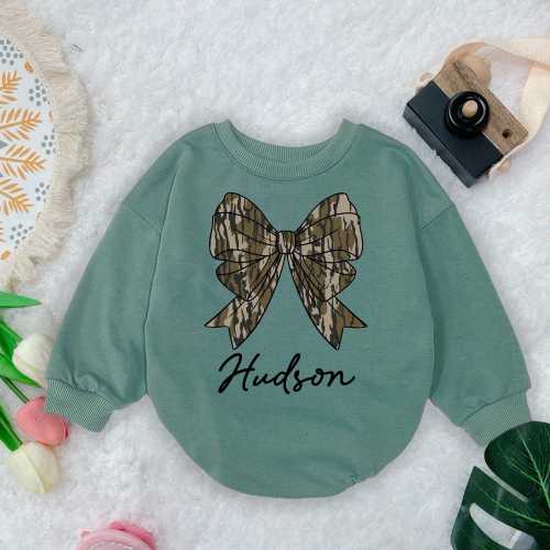 Custom Name Coquette Camo Romper for Baby Boy Girl, Personalized Pink Bow Romper, Cute Country Outfit, Baby Shower Gift