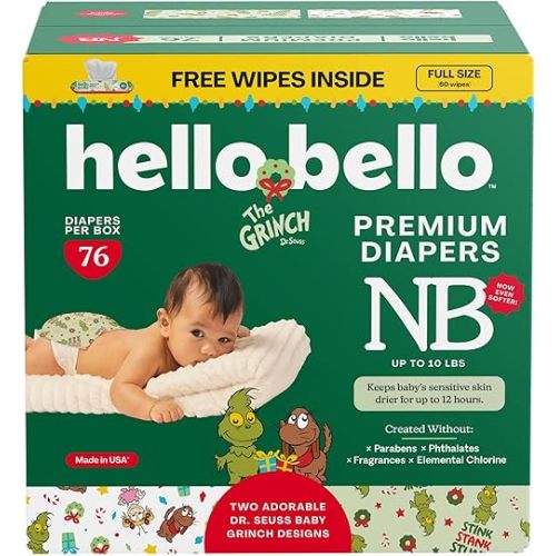 Hello Bello Dr. Seuss Baby Grinch Premium Diapers, Size NB (Up to 10 lbs), 76ct Plus Bonus Baby Wipes: Softness & Protection for Sensitive Skin