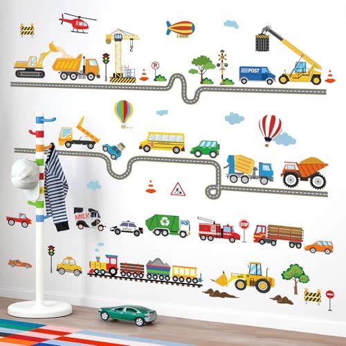 decalmile Car Road Wall Stickers Transports Vehicles Construction Truck Wall Decals Baby Nursery Kids Bedroom Playroom Wall Decor