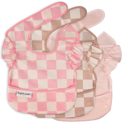 Tiny Twinkle Mess Proof Baby Bibs for Eating – Waterproof, Wipeable Toddler Bibs with Pocket – Baby Food Bibs for Girls & Boys(3 Pack,Checkers Girl)