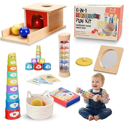 Montessori Baby Toys 7–9 Months, Developmental Tools for 7+ Month Babies, Baby Sensory Toys - A Sliding Box, Mirror Puzzle, Stacking Cups, Treasure Basket, Rain Stick, Animal Flashcards
