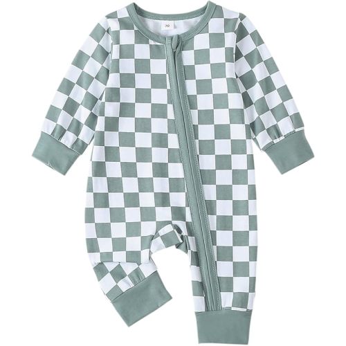 Karuedoo Newborn Baby Boy Girl Clothes Checkered Long Sleeve Zipper Romper Jumpsuit One Piece Bodysuit Fall Winter Outfit (Black, 6-9 Months)