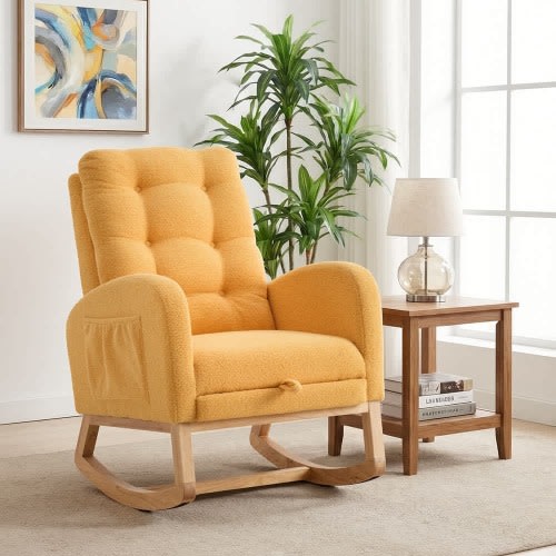Coolbibila Yellow Teddy Nursery Rocking Chair with Footrest Plush High Back Wood Lounge Chair for Living Room