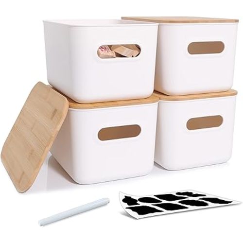 Citylife 4 PCS Storage Bins with Bamboo Lids Plastic Storage Containers for Organizing Stackable Storage Box with Handle, 10.23 x 7.08 x 6.3 inch