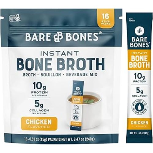 Chicken Bone Broth Instant Powdered Mix Packets | 5g Collagen | 10g Protein | Keto & Paleo Friendly | No Artificial Flavors | Non-GMO, Gluten-Free, Dairy-Free on-the-go 16 Pack
