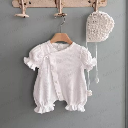 Baby Girls Cotton Bow Solid Color Puff Sleeves Bubble Legs Romper