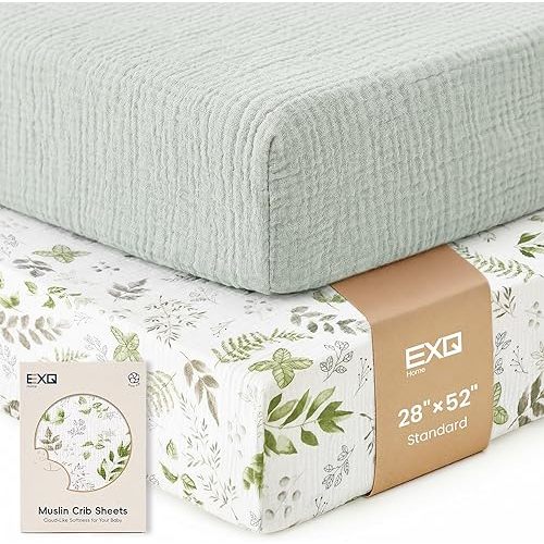 EXQ Home Muslin Crib Sheets for Boy Girl, 2 PCS Breathable Cotton Fitted Crib Sheet for Standard Crib Mattress, 52"x28", Green Leaves