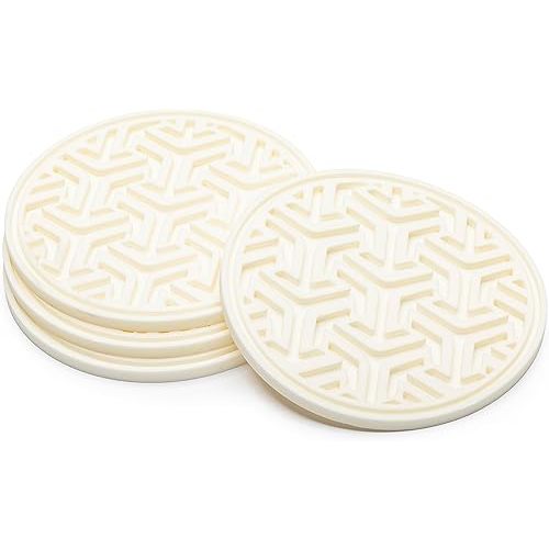 Drink Coasters for Tabletop Protection - Set of 4 No-Slip Silicone Rubber Coasters for Coffee Table, Desk & More - USA-Made Coasters for Drinks w/Liquid-Catching Grooves (Creamy White)