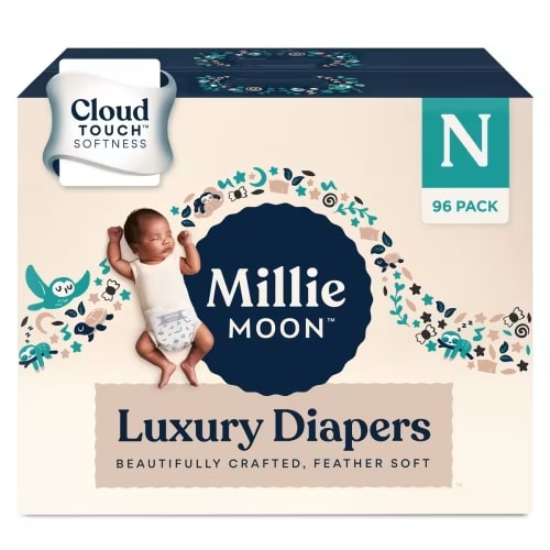 Miilliie Moon Luxury Newborn Diapers, Size N (<9 lb), CloudTouch™ Ultra-Soft, Hypoallergenic, 96 Count