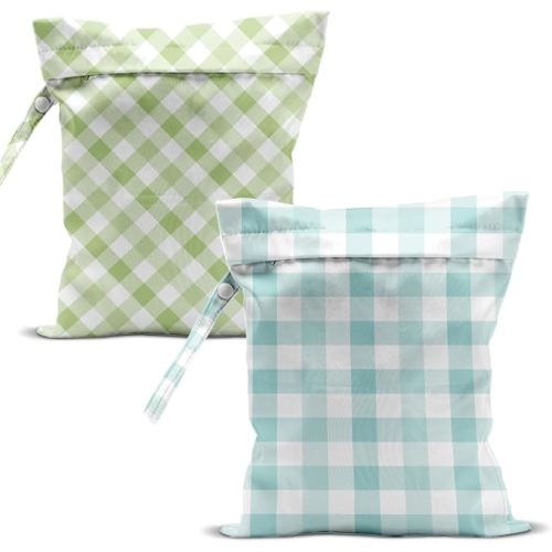 Swimsuit Bag Wet Bags for Travel Reusable Waterproof Bags Mint Green Gingham Wet Bag for Swimsuit Towels Beach Gym 10.2×12.6 Inches