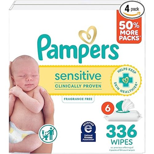 Pampers Baby Wipes, Sensitive, Water Based Wipe, Clinically Proven, Hypoallergenic, and Unscented for Babies, 336 Wipes Total (4 Flip-Top Packs)