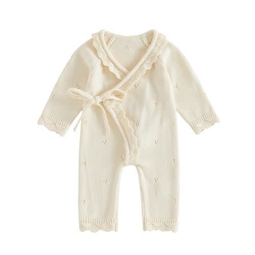 Kupretty Newborn Girl Outfit Baby Sweater Knit Romper Jumpsuit | Coming Home Outfit Baby Girl Knit Clothes Kimono Wrap Romper Fall Winter Clothes Long Sleeve Side Tie Footless Jumpsuit