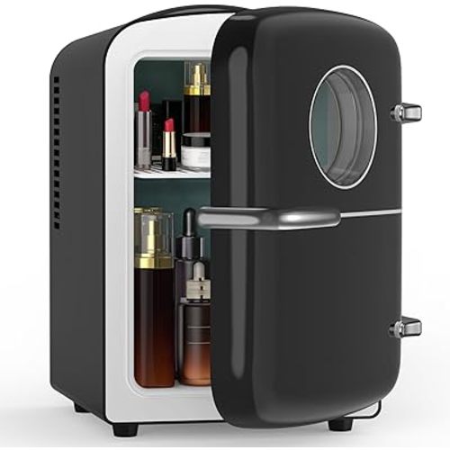 Electactic Mini Fridge for Bedroom, 4L/6 Cans Small Cosmetic Fridge for Skincare, Makeup & Drink, With Observation Window, Portable Desk Fridge Cooler and Warmer for Kids, Car, Office, Dorm, Black