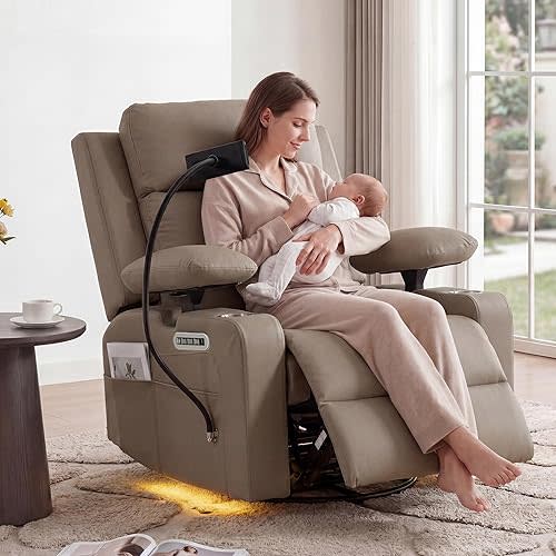 FiveWillowise Power Rocking Chair Nursery with Adjustable Armrests, Brown