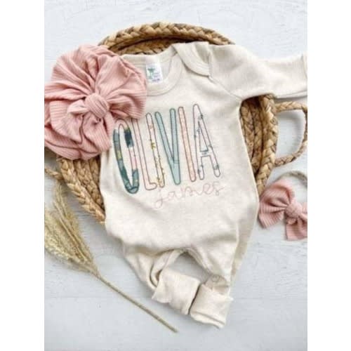 Personalized baby girl romper and bow, pink infant girl coming home outfit, custom name, baby shower gift, sleeper with footies, sage green
