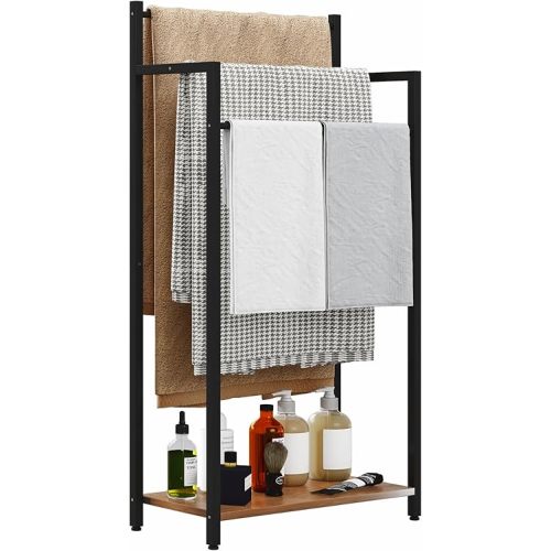 Freestanding Towel Rack, 3 Tier Blanket Ladder Stand with Rustic Brown Wooden Shelf for Bathroom Living Room (31.5”H x 16.9”W x7.9”D)