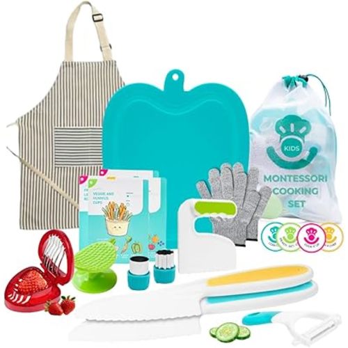 Tovla Jr. Real Toddler Cutting Set – Montessori Kitchen Tools for Kids – Apron, Gloves, Chopper, Knives, Strawberry Slicer + More – First Cooking Set for Ages 3+