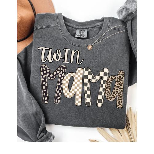Comfort Colors Twin Mama Retro tshirt, Preppy Leopard Checkered Twin Mom Sweatshirt, Twin Mama Gift Twin Mama Long Sleeve Shirt