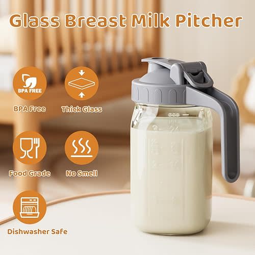 OneDream 2PACK Breast Milk Pitcher 32oz Glass Pitcher with Lid, Leakproof Drip-Free Spout, Breastmilk Storage Pitcher for Fridge