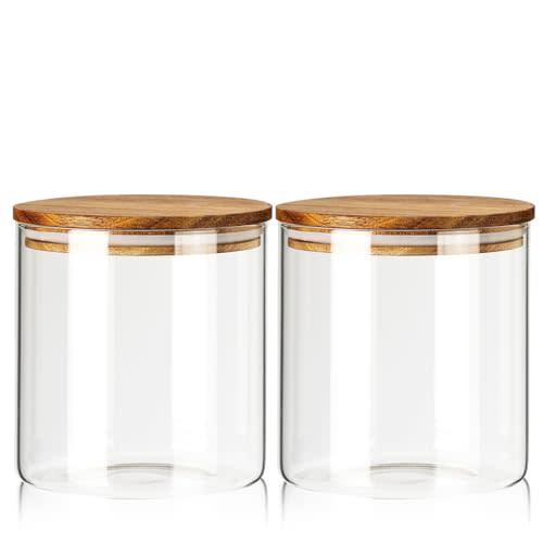 Labina Glass Storage Container Airtight Food Jars Kitchen Canister with Wood Lids, 71 Oz Wide Mouth Pantry Organization Glass Jar for Flour, Sugar, Cookie, Spagetti, Nuts and Candy (2 Pack)