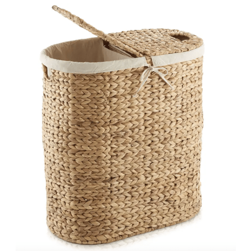 Casafield - 2-Section Oval Laundry Hamper Basket w Lids and Liner Bags for Clothes - Natural