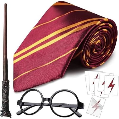 Komotu Wizard Costume,Wizard Wand and Tie and Glasses Magic Novelty Halloween Costume Accessories Set
