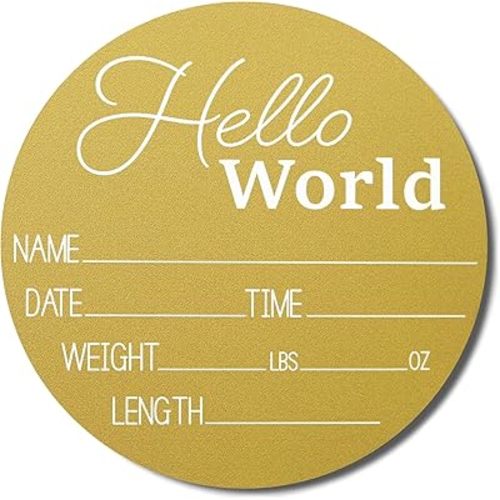 Hickory Hollow Designs - Baby Announcement Sign for Newborn Boys and Girls (Color Bases) - Hello World Nursery Decor Sign & Photo Prop for Babies Made of Birch Wood - 6" Circle Board (Mustard Yellow)