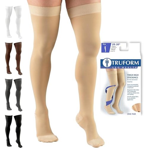 Truform 20-30 mmHg Compression Stockings for Men and Women, Thigh High Length, Dot Top, Closed Toe, Beige, Small