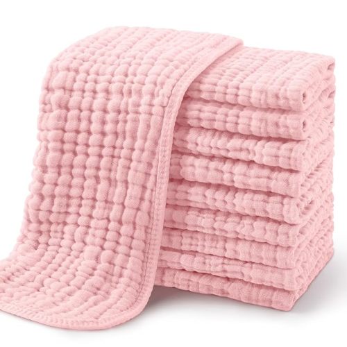 Yoofoss Muslin Burp Cloths for Baby 10 Pack 100% Organic Cotton Baby Washcloths for Boys Girls Large 20''X10'' Super Soft and Absorbent Apricot, Soft Pink