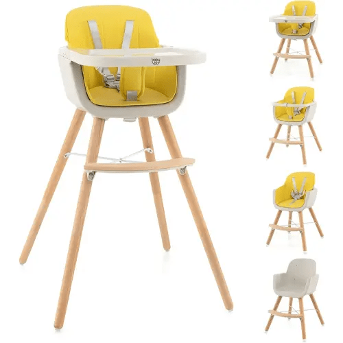 BABY JOY Convertible Baby High Chair, 3 in 1 Wooden Highchair/Booster/Chair with Removable Tray, Adjustable Legs, 5-Point Harness, PU Cushion and Footrest for Baby, Infants, Toddlers (Yellow)