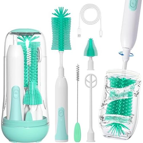 Electric Bottle Brush Cleaner, Portable Rechargeable Baby Bottle Cleaner Kit for Travel with Silicone Nipple & Straw Brush, Drainage Rack, Storage Box(Green)