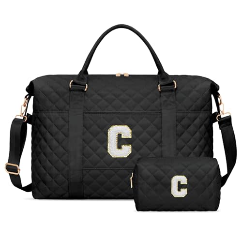 Gifts for Teen Girl, Initial Travel Duffle Bag, Personalized Women Weekender Overnight Bags, Gift for Daughter Kid Girl Wife Friend（Black,C)