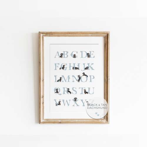 Dachshund Alphabet Poster Blue | Wiener Dog ABC Print | Black & Tan Sausage Dog Nursery Art | Baby Boy Wall Decor | Digital Download